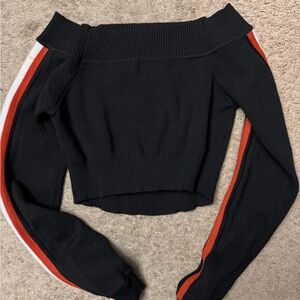 Off-Shoulder Black Sweater with Red Stripes